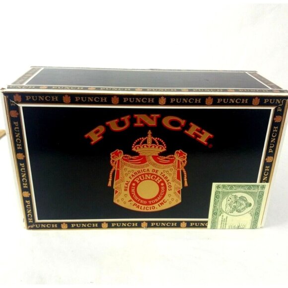 Punch Cigar Box Craft Storage Empty Room Decor Black Gold Red Wooden Display - Picture 1 of 9